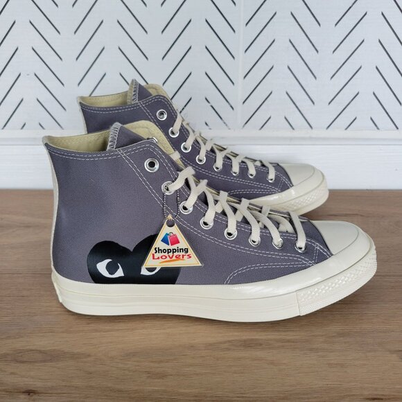 🖤Comme Des Garçons Play Hearts Converse Chuck 70 Hi Mens Shoes 8.5 Gray 171847C - Picture 3 of 10